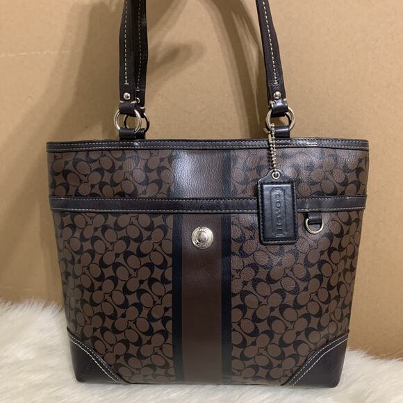 COACH Brown/Black CHELSEA Heritage Stripe Bias Signature N/S PVC Tote F15137 - Picture 15 of 16